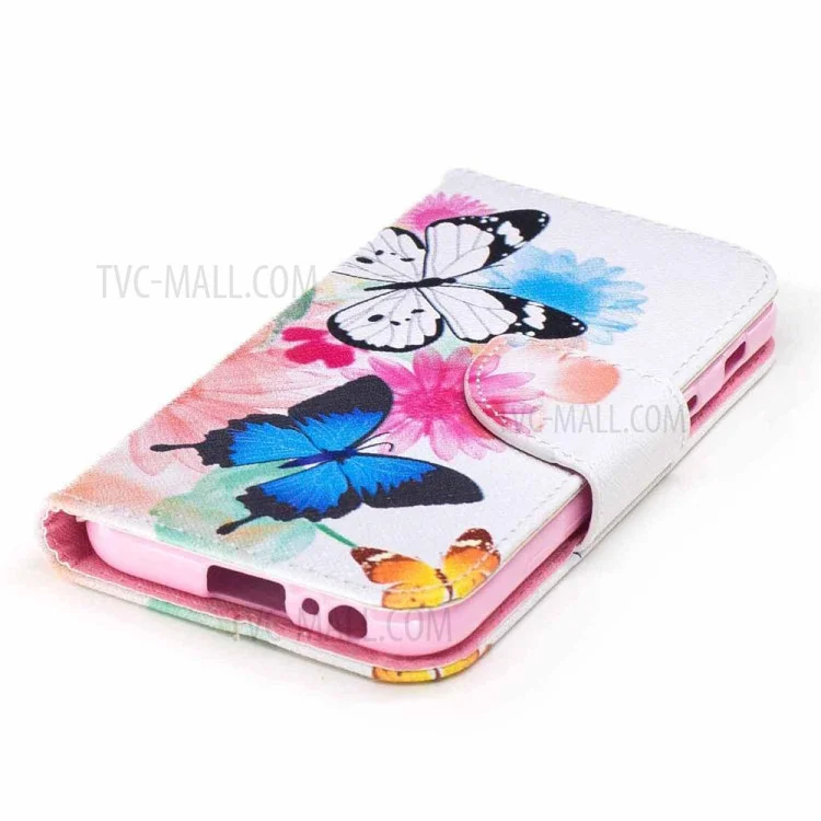 Patterned Leather Wallet Cover Protector for Samsung Galaxy A3 (2017) - Colorized Flowers and Butterflies