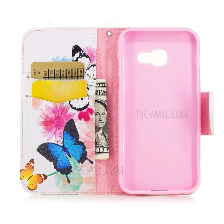 Patterned Leather Wallet Cover Protector for Samsung Galaxy A3 (2017) - Colorized Flowers and Butterflies