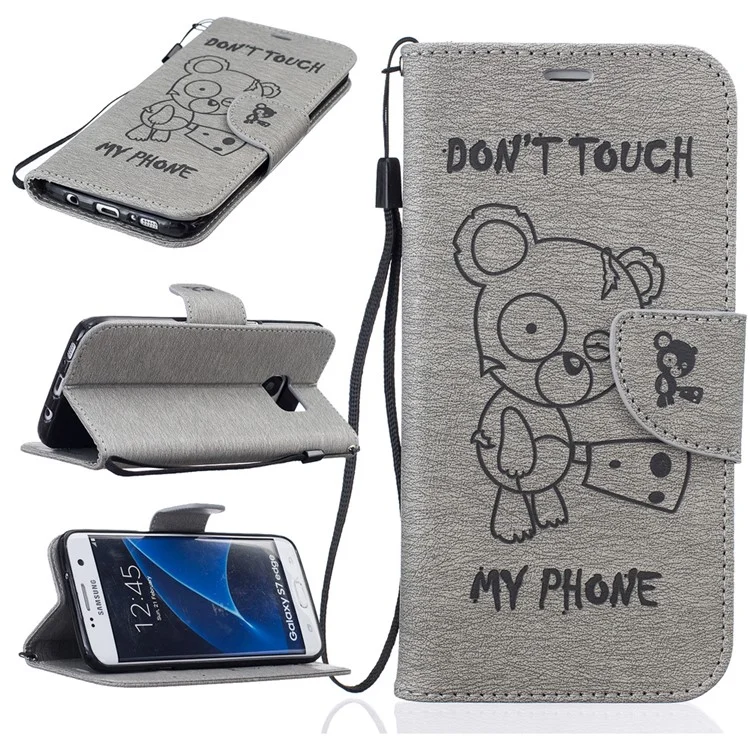 For Samsung Galaxy S7 edge G935 Imprinted Bear Leather Wallet Case - Grey