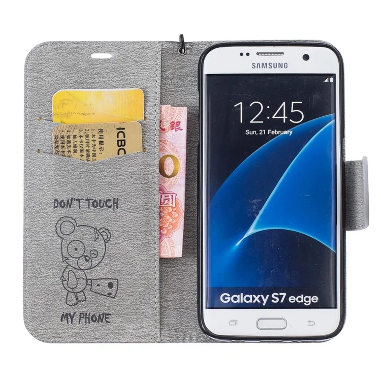 For Samsung Galaxy S7 edge G935 Imprinted Bear Leather Wallet Case - Grey