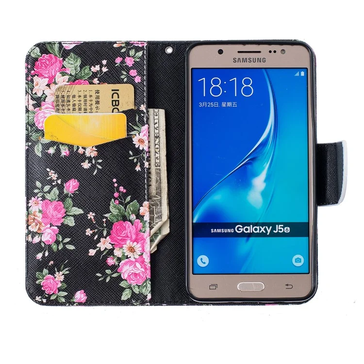 For Samsung Galaxy J5 (2016) SM-J510 Patterned Flip Leather Wallet Case - Blooming Peony Flowers
