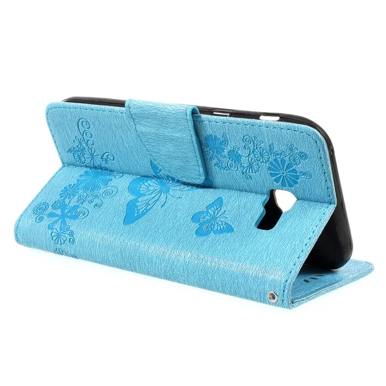 Pour Samsung Galaxy A3 (2017) Case de Cuir de Portefeuille Avec Des Fleurs de Papillon Imprimées - Bleu