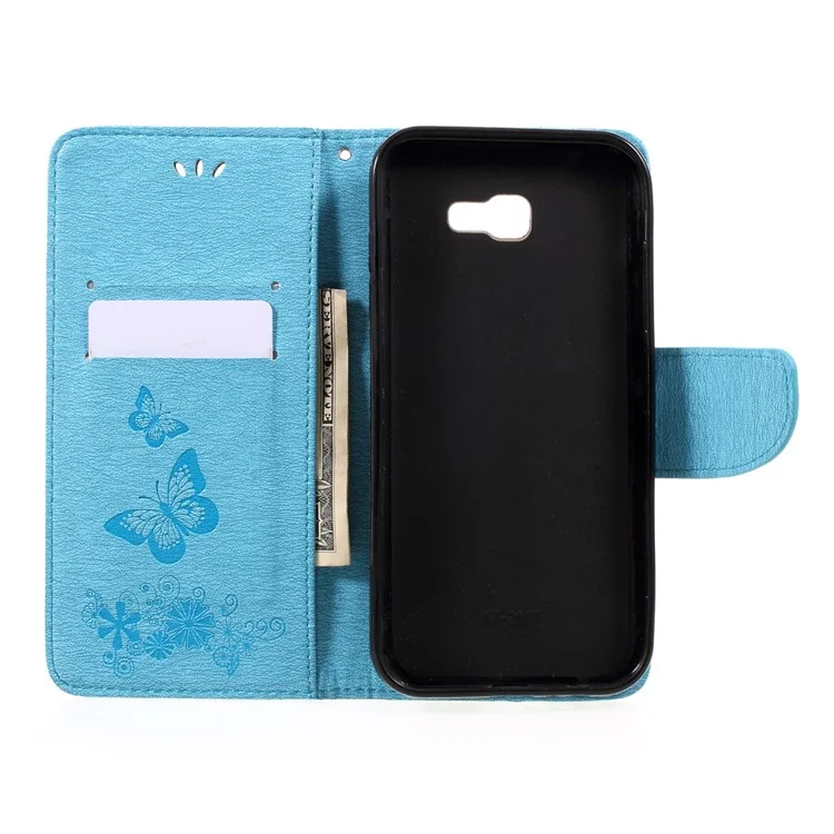 For Samsung Galaxy A3 (2017) Wallet Leather Case with Imprinted Butterfly Flowers - Blue