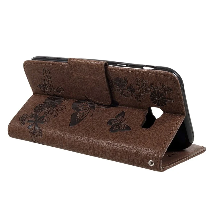 Para Samsung Galaxy A3 (2017) Funda de Piel Tipo Cartera con Mariposas y Flores Estampadas - Marrón