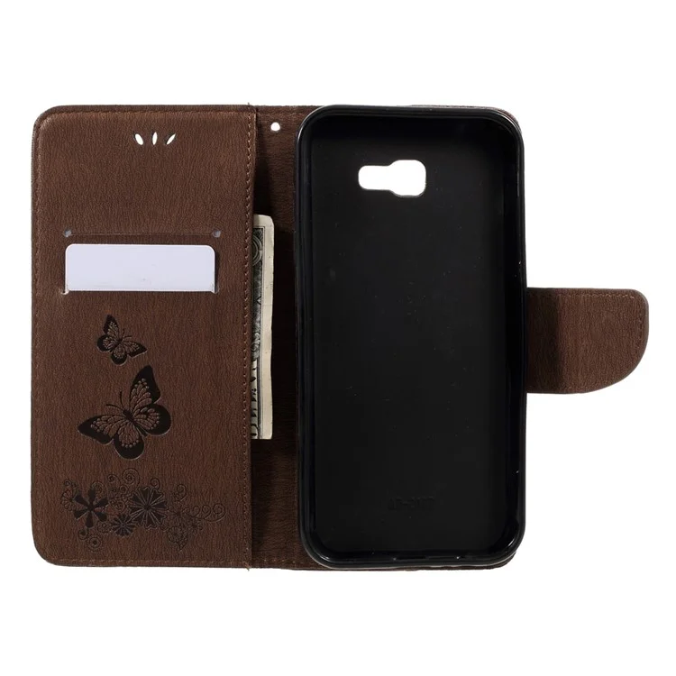 Para Samsung Galaxy A3 (2017) Funda de Piel Tipo Cartera con Mariposas y Flores Estampadas - Marrón