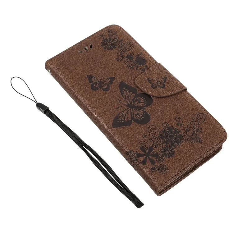 Para Samsung Galaxy A3 (2017) Funda de Piel Tipo Cartera con Mariposas y Flores Estampadas - Marrón