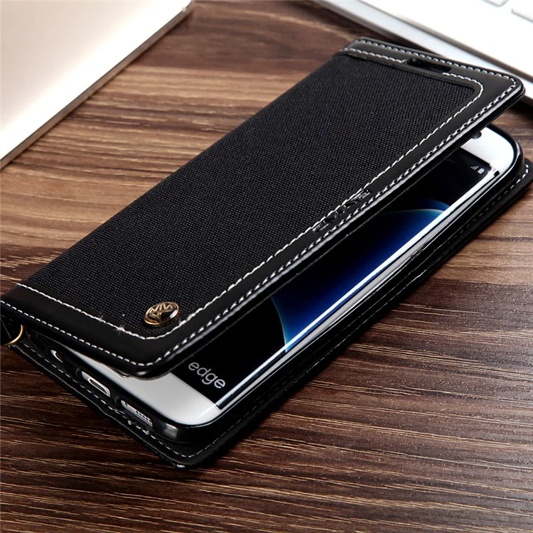 CMAI2 Jeans Cloth Leather Case with Hand Strap for Samsung Galaxy S7 Edge G935 - Black