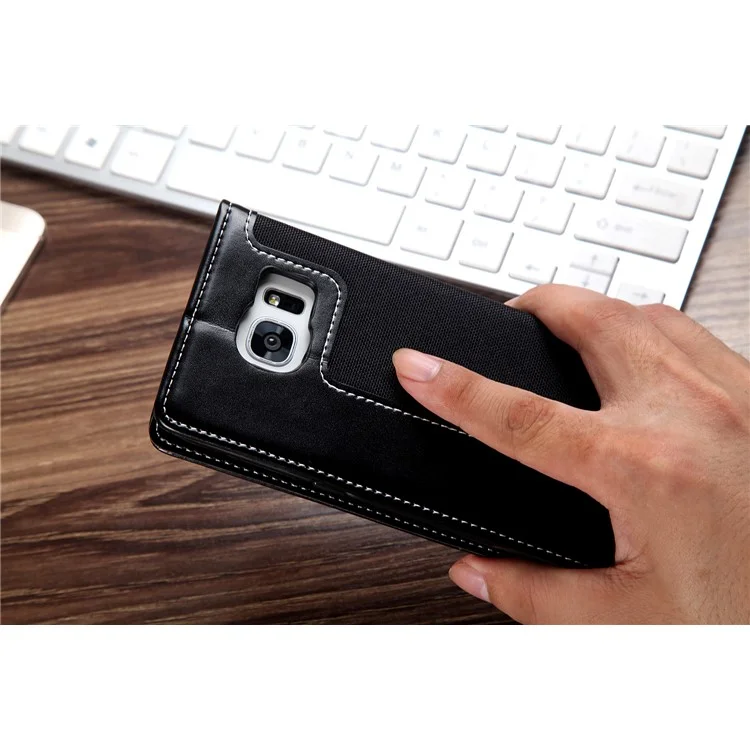 CMAI2 Jeans Cloth Leather Case with Hand Strap for Samsung Galaxy S7 Edge G935 - Black