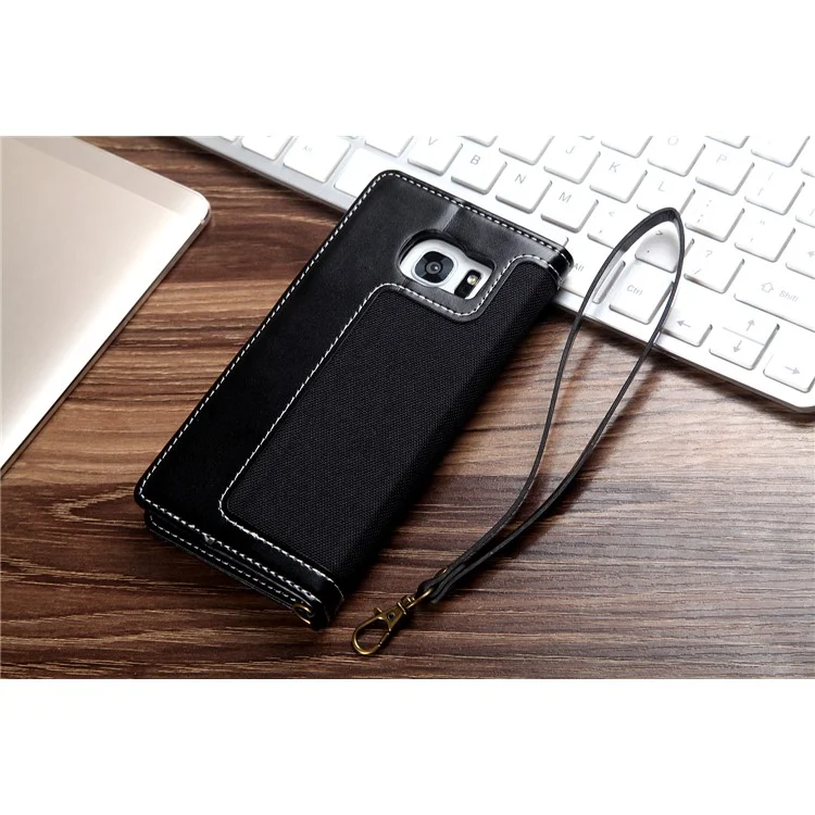 CMAI2 Jeans Cloth Leather Case with Hand Strap for Samsung Galaxy S7 Edge G935 - Black