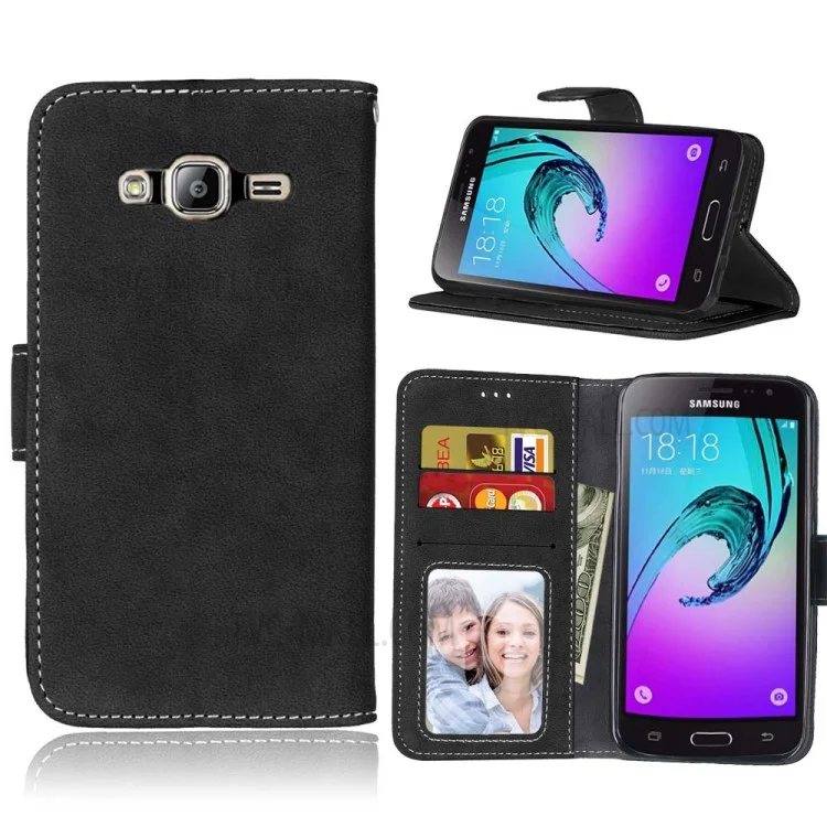 Retro Matte Stand Wallet Leather Case for Samsung Galaxy J3 (2016) / J3 - Black