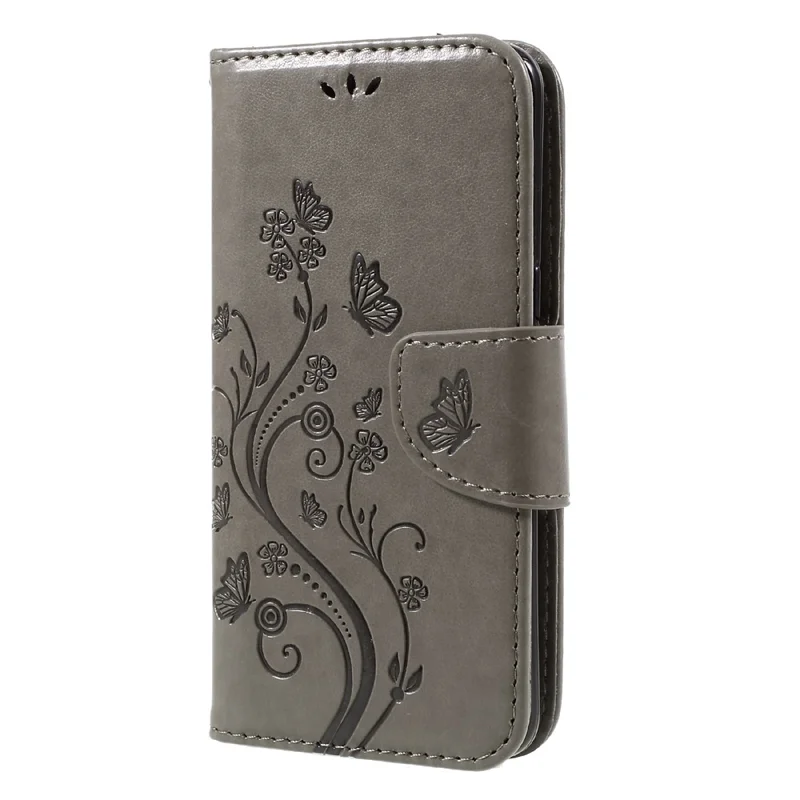 Imprinted Flora Butterflies Wallet Leather Cover Stand for Samsung Galaxy S8 - Grey