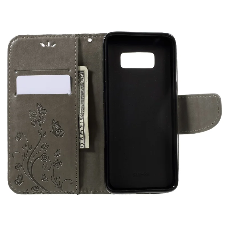 Imprinted Flora Butterflies Wallet Leather Cover Stand for Samsung Galaxy S8 - Grey