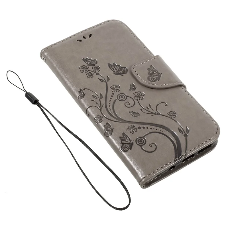 Imprinted Flora Butterflies Wallet Leather Cover Stand for Samsung Galaxy S8 - Grey