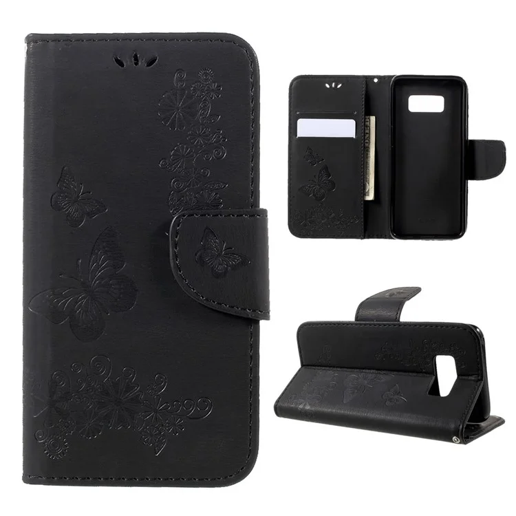 For Samsung Galaxy S8 Imprinted Butterfly Flowers Wallet Leather Case Stand - Black