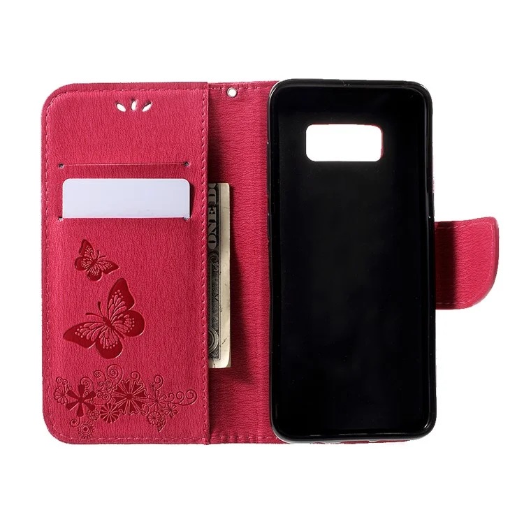 Imprinted Butterfly Flowers Stand Wallet Leather Cover for Samsung Galaxy S8 - Rose