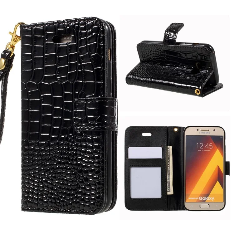 Crocodile Texture Leather Case with Wrist Strap for Samsung Galaxy A3 (2017) - Black