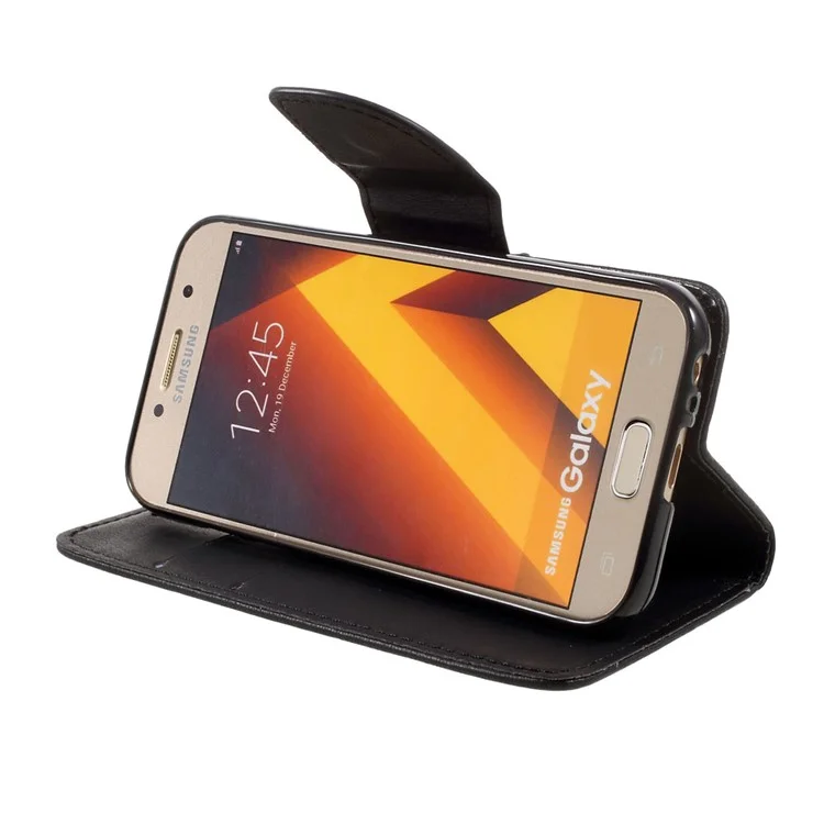 Stone Grain Leather Stand Wallet Phone Case with Strap for Samsung Galaxy A3 (2017) - Black