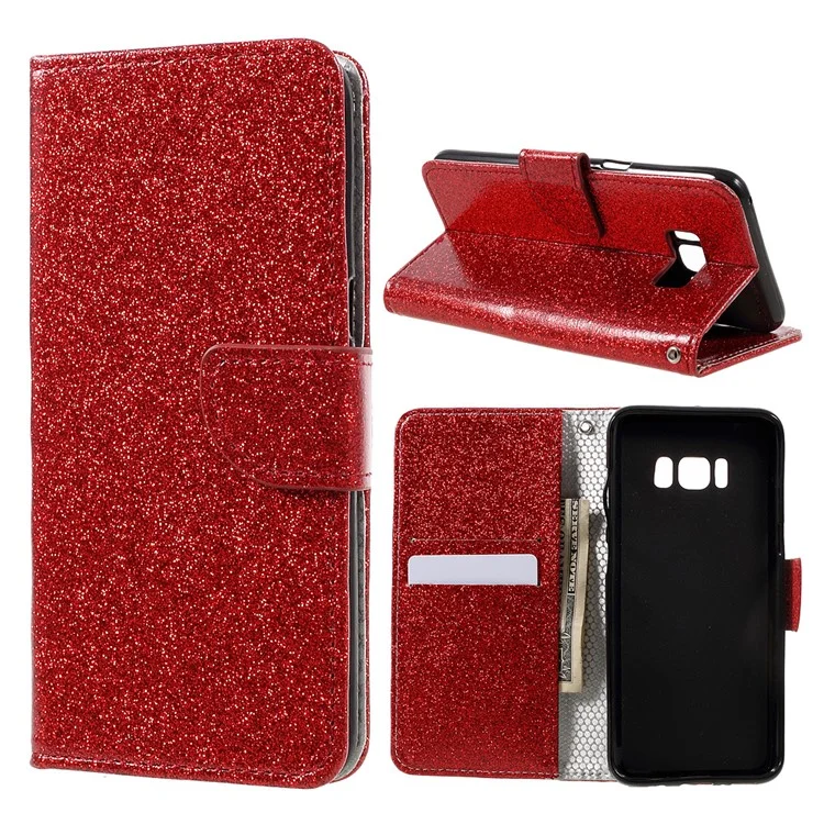 For Samsung Galaxy S8 Glittery Smooth Leather Magnetic Wallet Case - Red