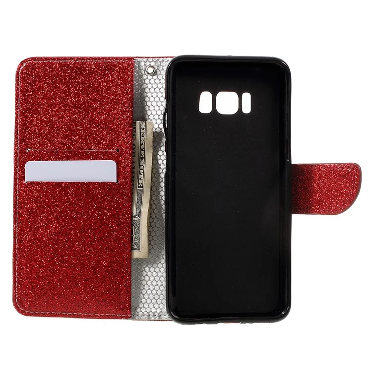 For Samsung Galaxy S8 Glittery Smooth Leather Magnetic Wallet Case - Red