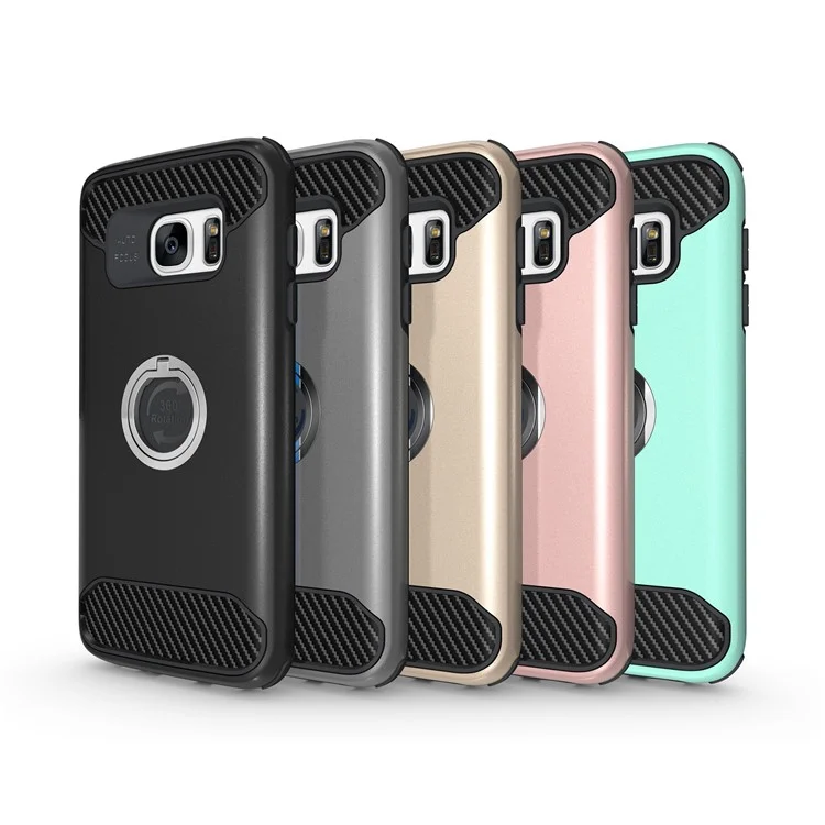Metal Ring Holder Kickstand PC + TPU Hybrid Back Cover for Samsung Galaxy S7 Edge G935 - Grey