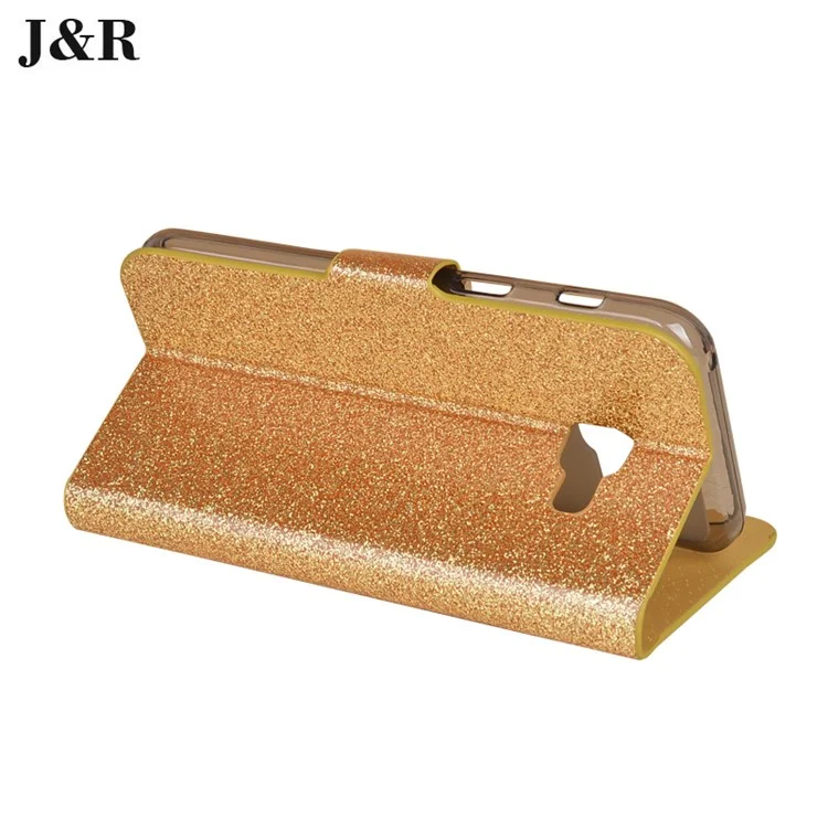 J&R Rhinestone Glittery Leather Stand Case with Card Holder for Samsung A5 (2017) SM-A520F - Gold