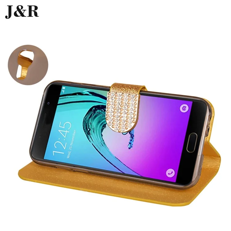 J&R Rhinestone Glittery Leather Stand Case with Card Holder for Samsung A5 (2017) SM-A520F - Gold