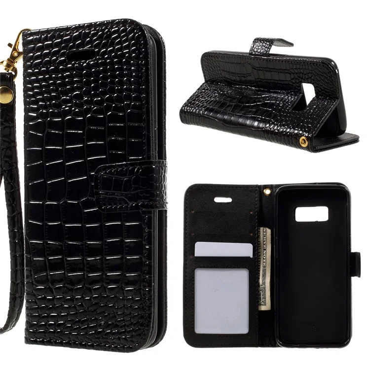 For Samsung Galaxy S8 G950 Crocodile Texture Wallet Leather Stand Case with Wrist Strap - Black