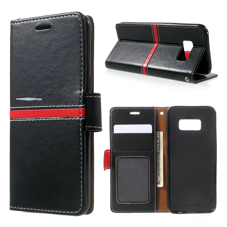 Elegant Series Leather Wallet Stand Case with Strap for Samsung Galaxy S8 SM-G950 - Black