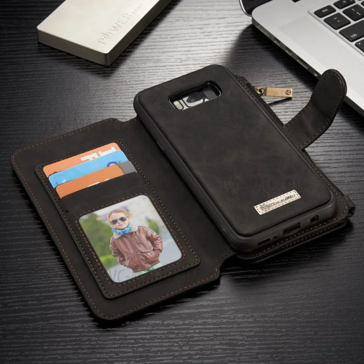 CASEME 2-in-1 Split Leather Multi-slot Wallet Phone Case for Samsung Galaxy S8 - Black
