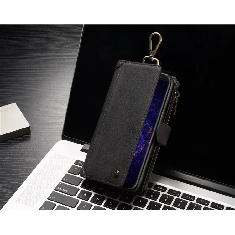 CASEME Detachable 2-in-1 Metal Clip Retro Split Leather Wallet Phone Case for Samsung Galaxy S8 - Black