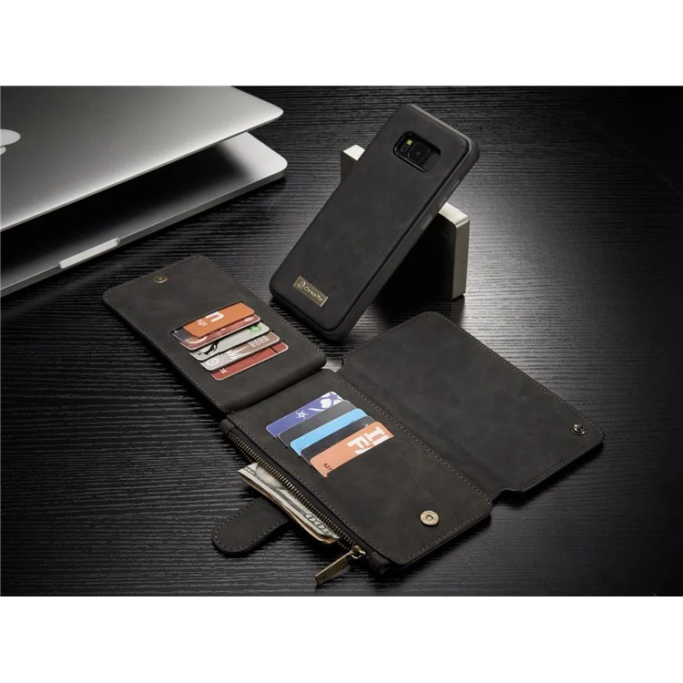 CASEME Detachable 2-in-1 Zipper Wallet Split Leather Case + Package for Samsung Galaxy S8 Plus G955 - Black