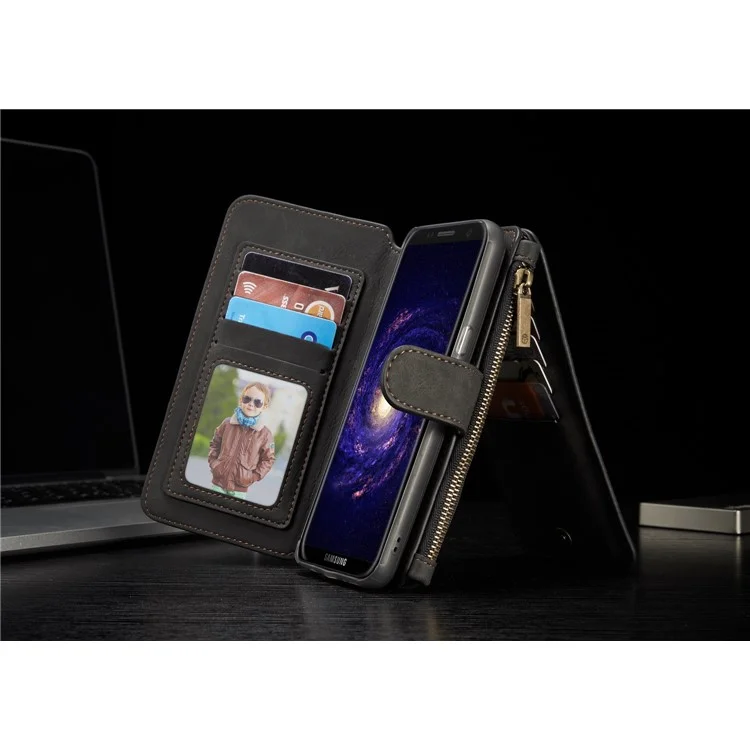 CASEME Detachable 2-in-1 Zipper Wallet Split Leather Case + Package for Samsung Galaxy S8 Plus G955 - Black