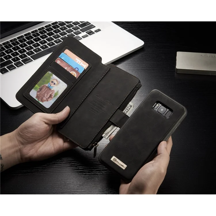 CASEME Detachable 2-in-1 Zipper Wallet Split Leather Case + Package for Samsung Galaxy S8 Plus G955 - Black
