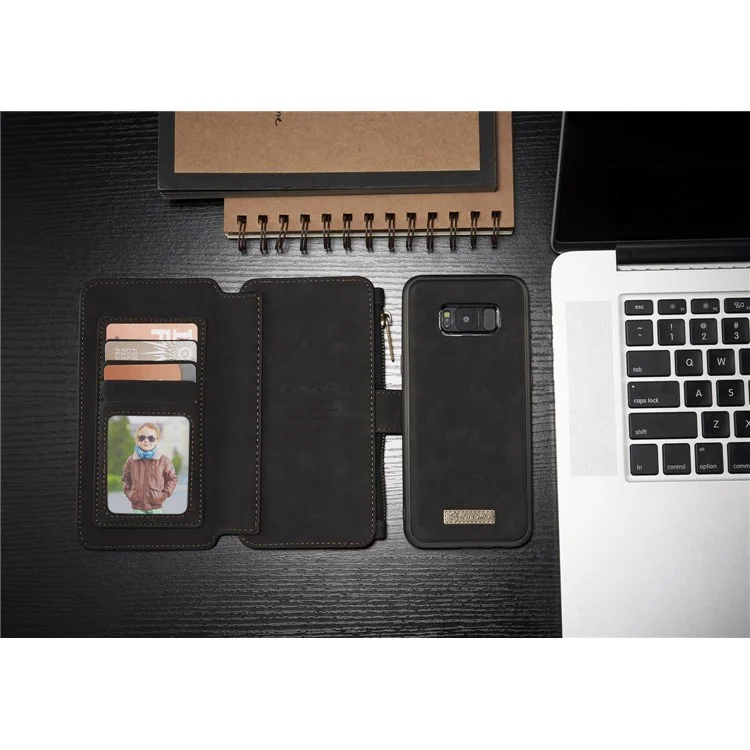 CASEME Detachable 2-in-1 Zipper Wallet Split Leather Case + Package for Samsung Galaxy S8 Plus G955 - Black