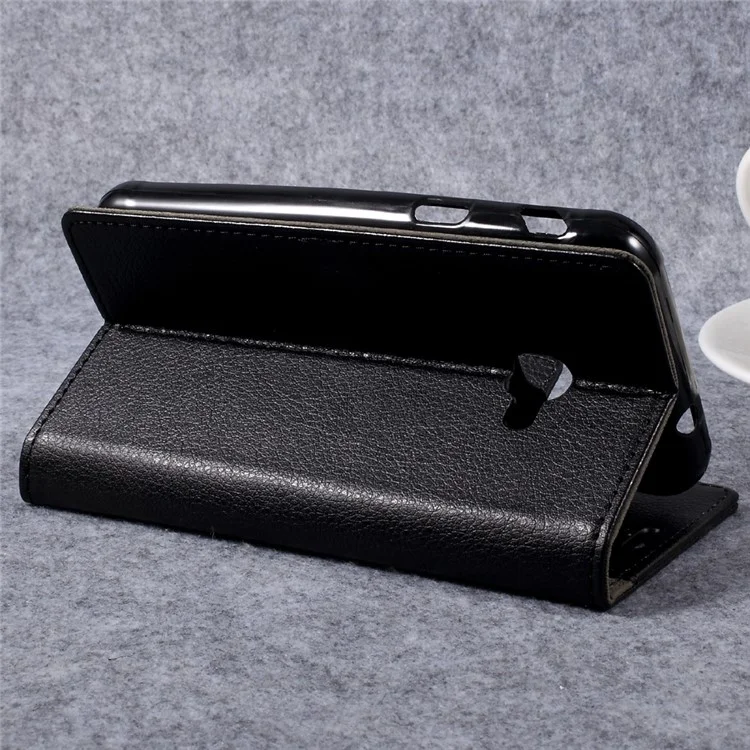 Litchi Skin PU Leather Card Holder Stand Phone Cover for Samsung Galaxy Xcover 4 - Black