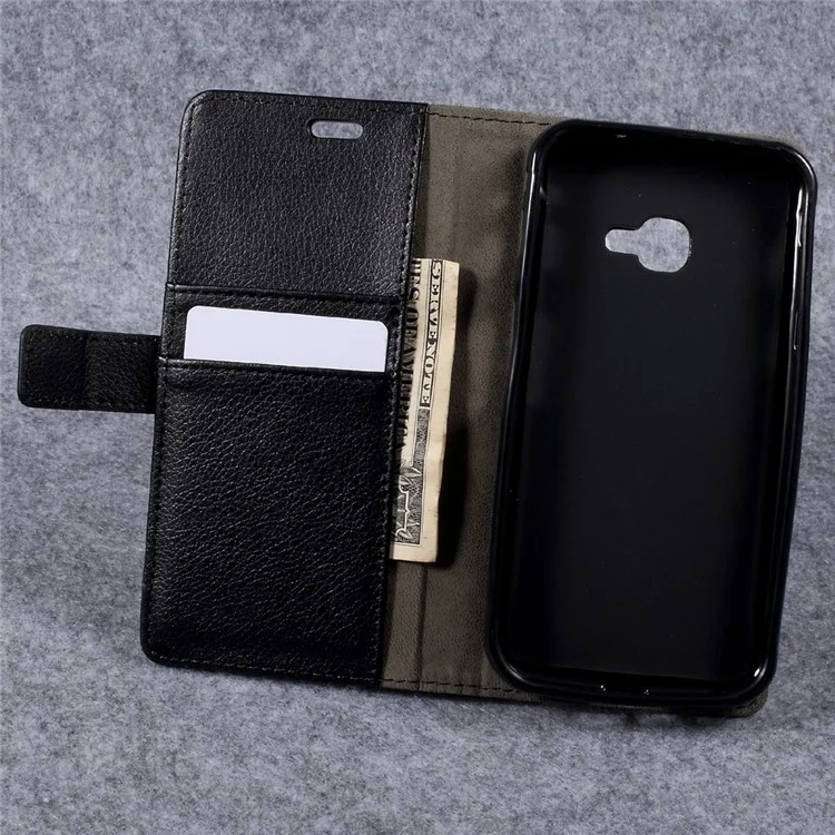 Litchi Skin PU Leather Card Holder Stand Phone Cover for Samsung Galaxy Xcover 4 - Black