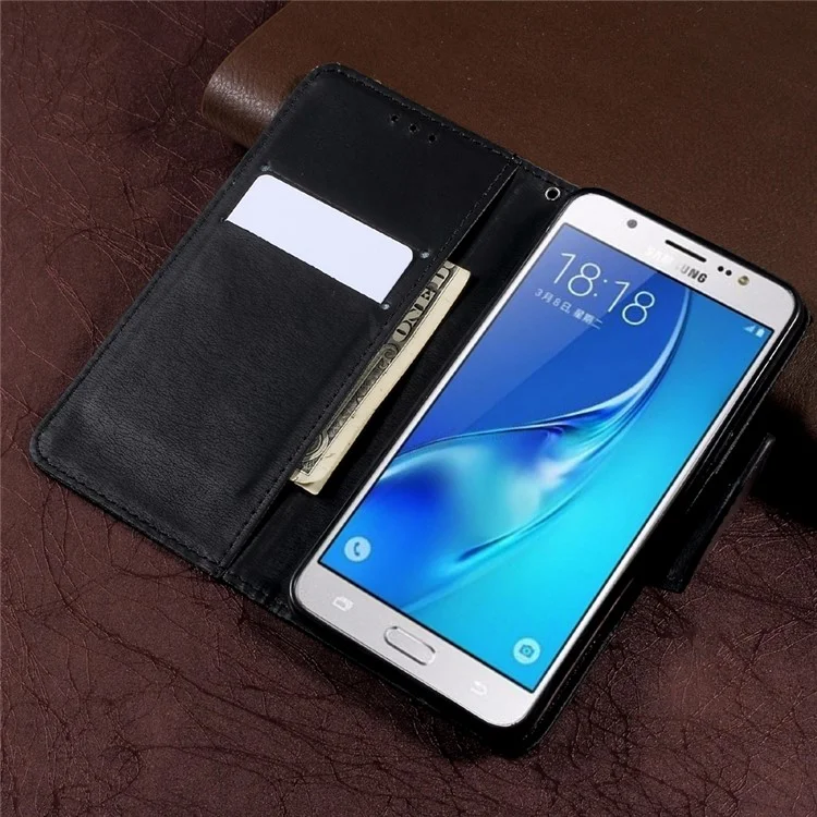 For Samsung Galaxy J5 (2016) SM-J510 Pebble Grain Leather Stand Casing with Strap - Black