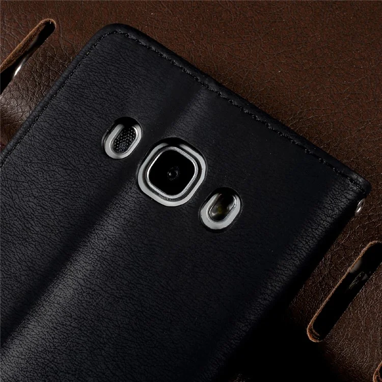 For Samsung Galaxy J5 (2016) SM-J510 Pebble Grain Leather Stand Casing with Strap - Black