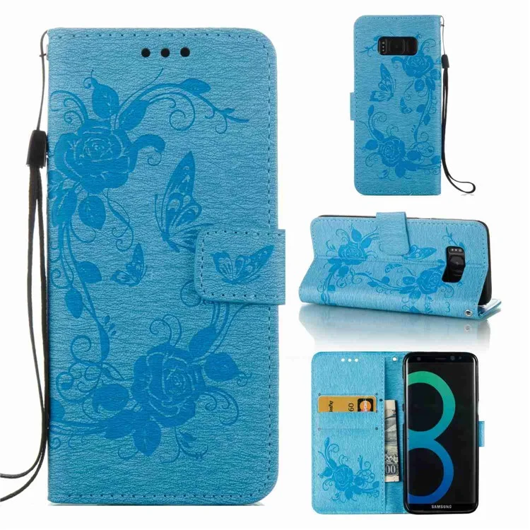 For Samsung Galaxy S8 G950 Flower Butterfly Imprinted Leather Wallet Phone Case - Baby Blue