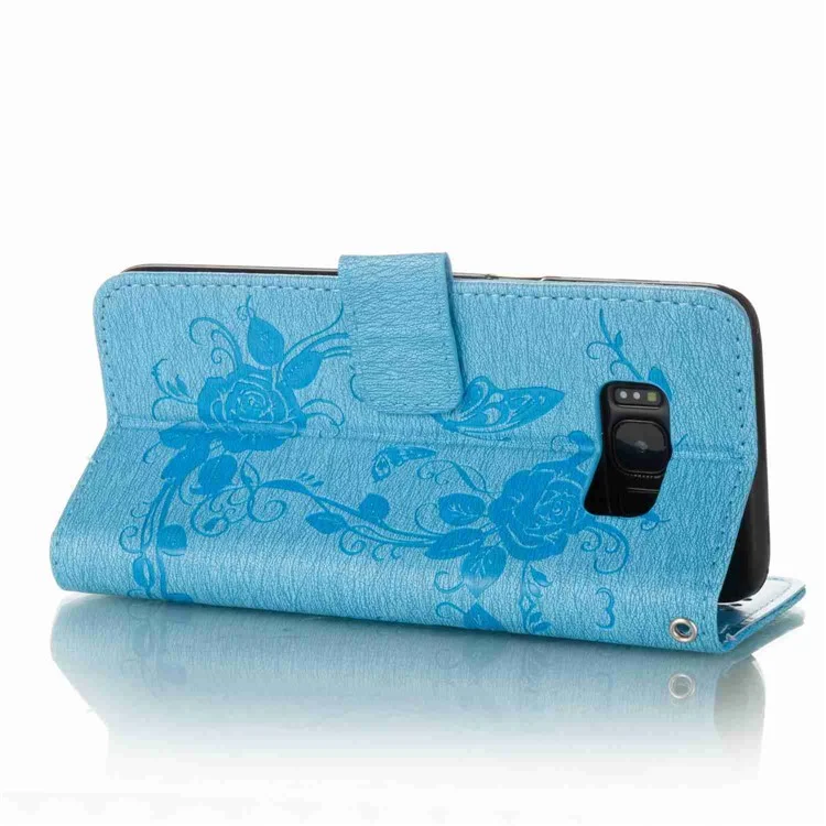 For Samsung Galaxy S8 G950 Flower Butterfly Imprinted Leather Wallet Phone Case - Baby Blue
