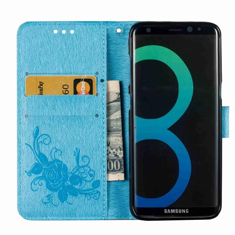For Samsung Galaxy S8 G950 Flower Butterfly Imprinted Leather Wallet Phone Case - Baby Blue