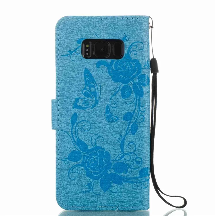 For Samsung Galaxy S8 G950 Flower Butterfly Imprinted Leather Wallet Phone Case - Baby Blue
