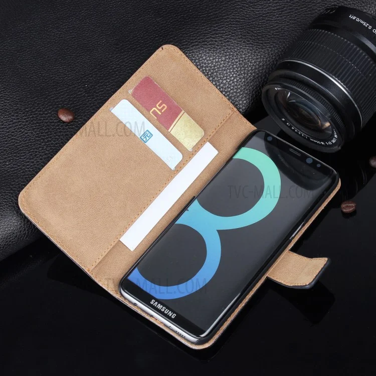 Genuine Split Leather Wallet Magnetic Flip Case for Samsung Galaxy S8 G950 - Black