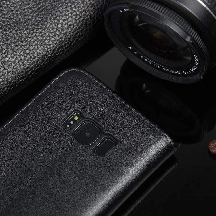 Genuine Split Leather Wallet Magnetic Flip Case for Samsung Galaxy S8 G950 - Black
