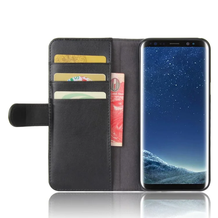 Genuine Split Leather Wallet  Stand Phone Case for Samsung Galaxy S8 G950 - Black