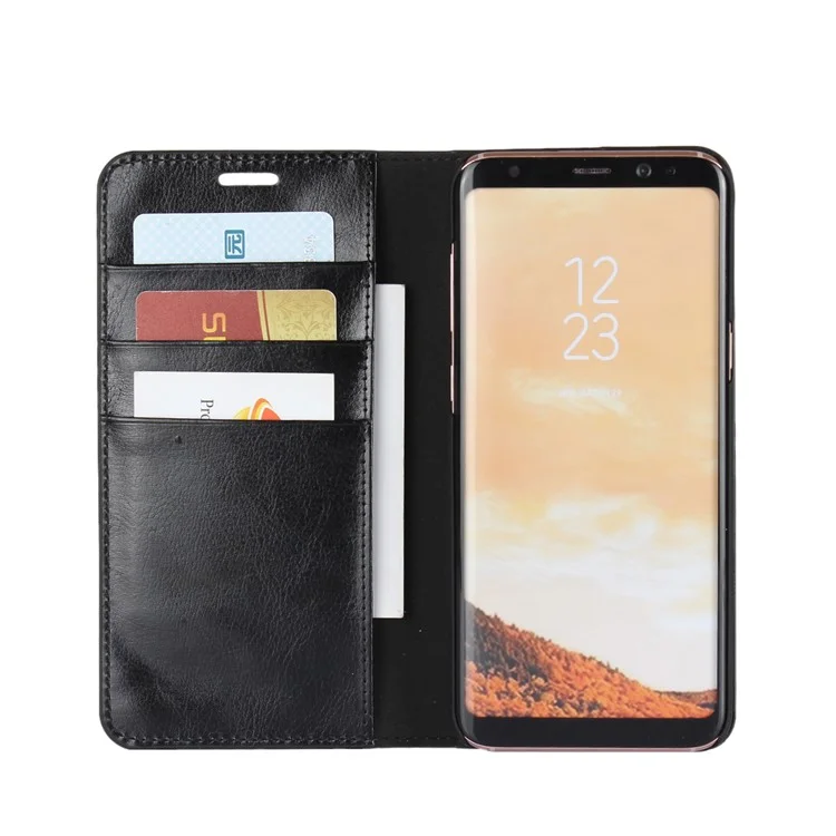 For Samsung Galaxy S8 G950 Crazy Horse Genuine Leather Wallet Case with Stand - Black