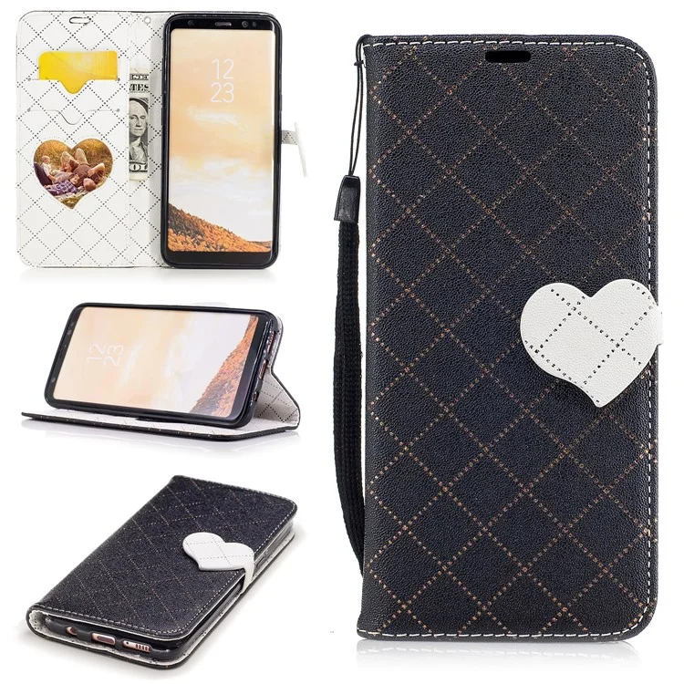 Love Heart Two-tone Leather Wallet Stand Cellphone Cover with Lanyard for Samsung Galaxy S8 SM-G950 - Black