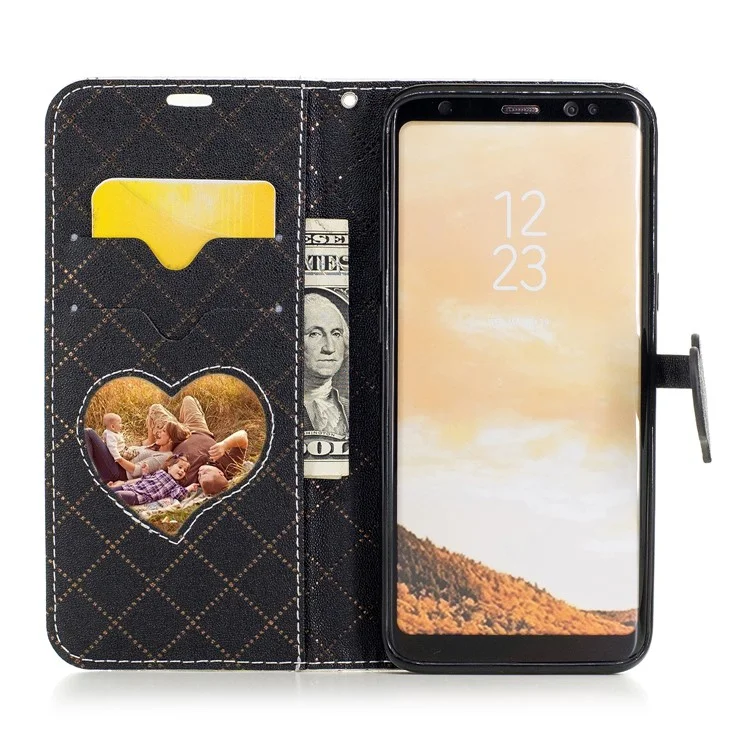 Love Heart Two-tone Leather Wallet Stand Cellphone Cover with Lanyard for Samsung Galaxy S8 SM-G950 - Black