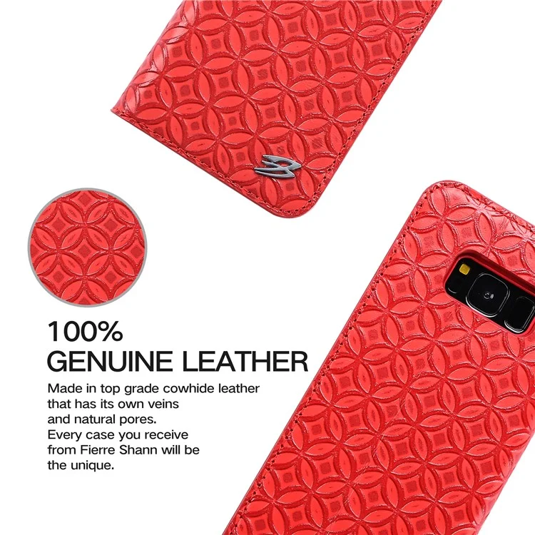 FIERRE SHANN for Samsung Galaxy S8+ G955 Chinese Coin Texture Genuine Leather Case with Card Slot - Red