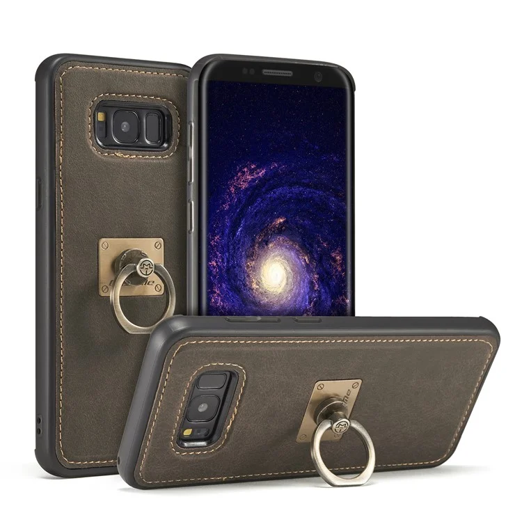 CASEME H3 Han Series for Samsung Galaxy S8+ G955 Metal Ring Kickstand Leather Coated PC TPU Hybrid Cover - Coffee